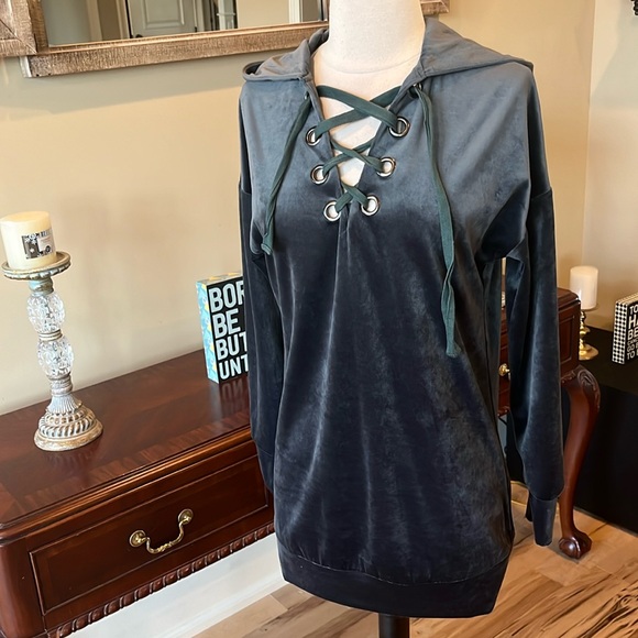 Oversized Velour Tunic Top Charcoal Gray Womens Small Hoodie Pullover - Picture 4 of 11